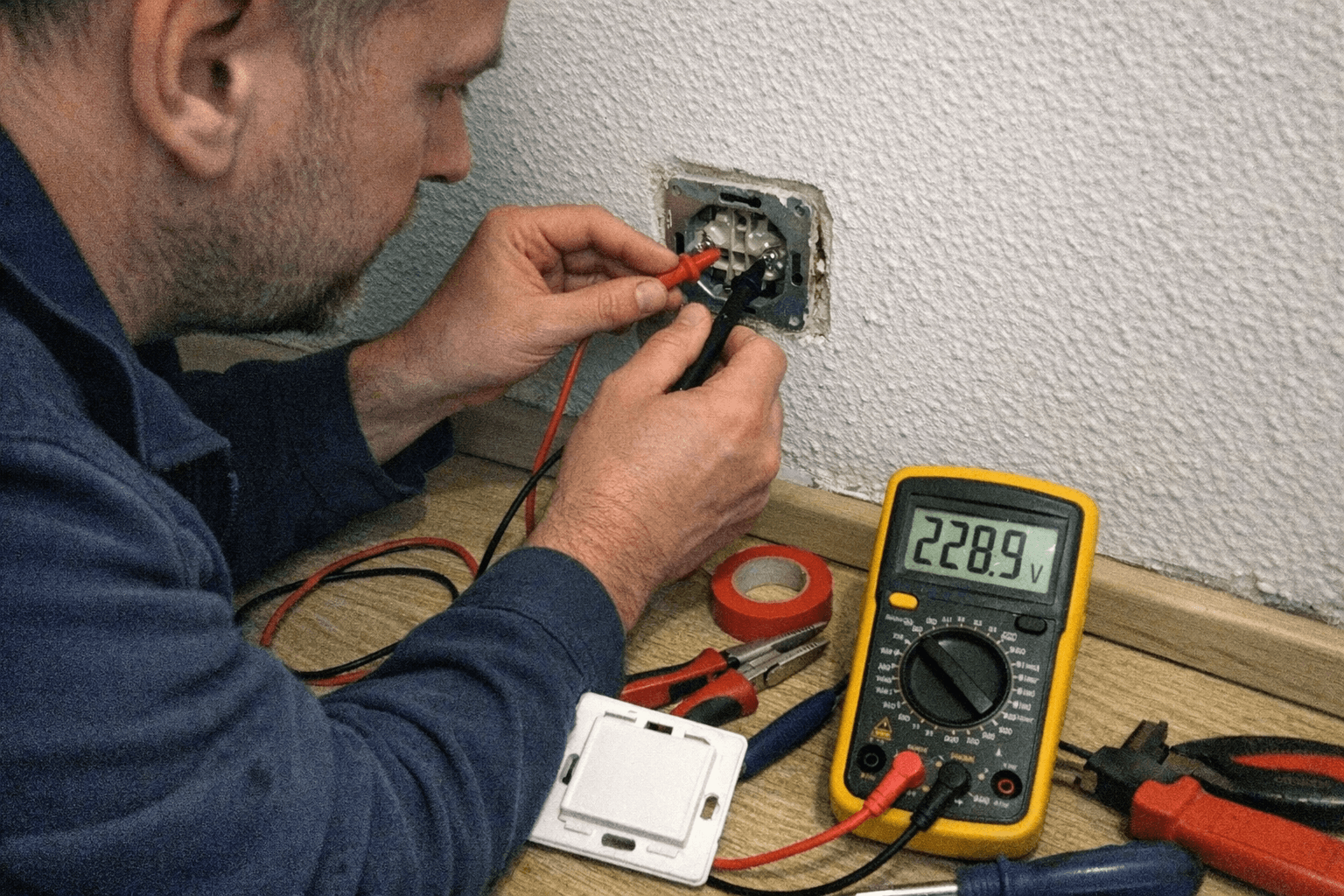 Elektriker misst eine Steckdose mit Multimeter, nachdem wegen Kurzschlusses im Haus die Sicherung ausgelöst hat.