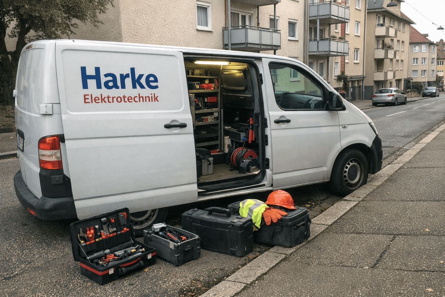 Stadtbild mit Elektro-Servicefahrzeug im Wohngebiet