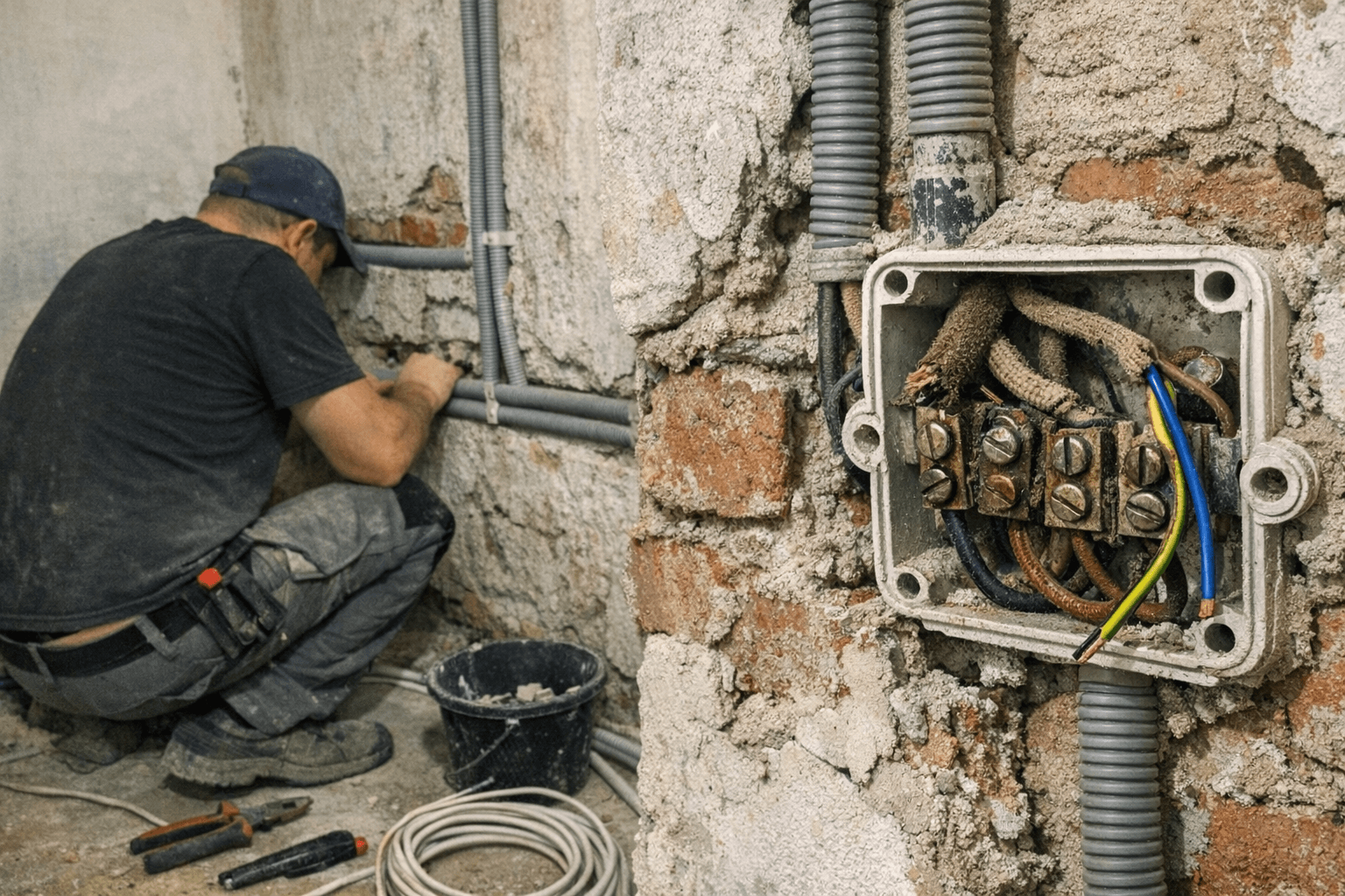 Elektriker verlegt Kabel in einem Wohnungsrohbau in Stuttgart für die geplante Elektroinstallation.